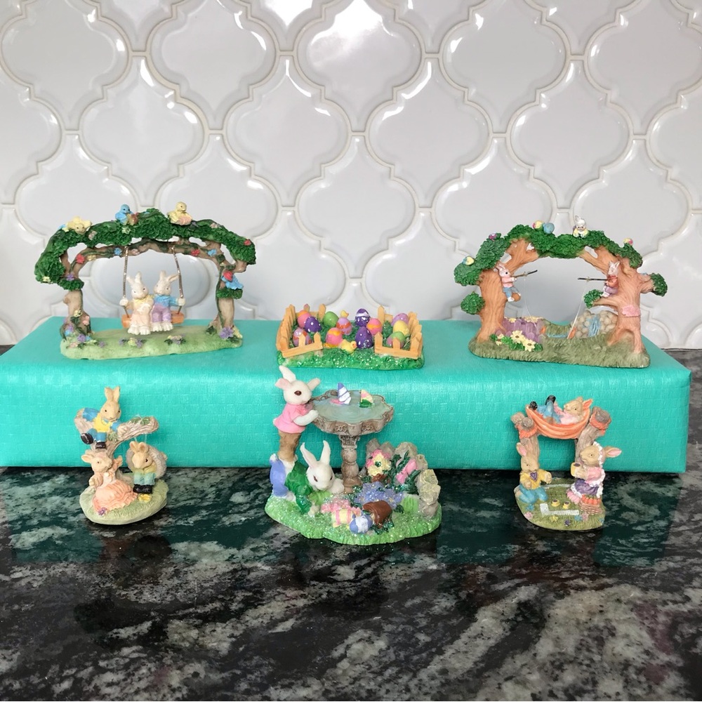 Vintage Easter Bunny Rabbits Tree Swing Fishing Resin Tabletop Decor 6 piece